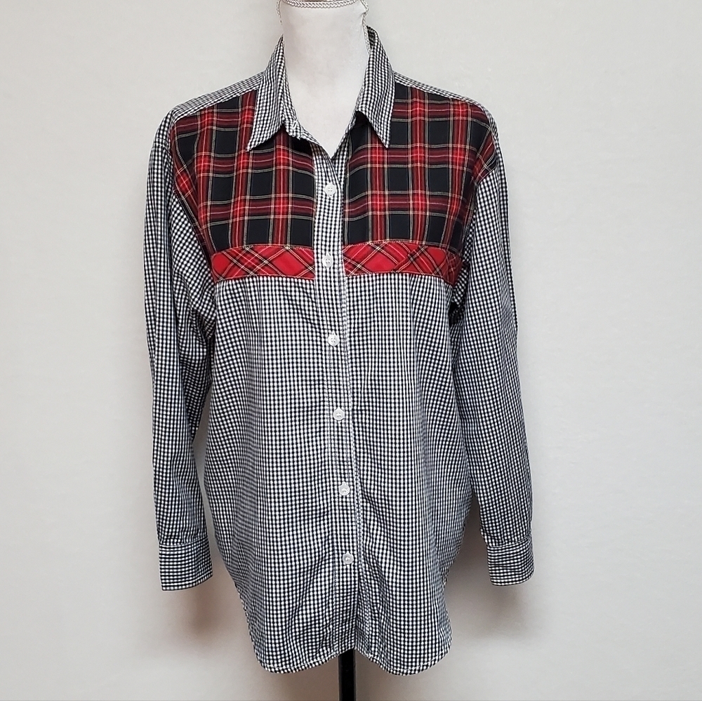 VINTAGE 90s Karen Kane Red Tartan Plaid Black Plaid Colorblock Button Up Blouse - Picture 4 of 13